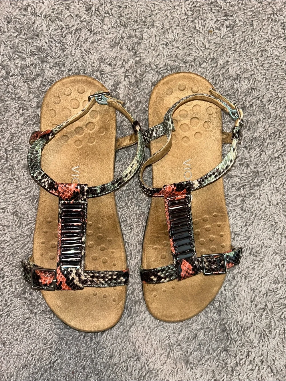 Vionic Multicolor Snake-Print T-Strap Sandals with Coral and Teal Accents - Picture 5 of 6